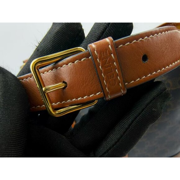 Pre-owned Celine Triomphe Canvas Calfskin Medium Bucket Bag Tan - Picture 10 of 14